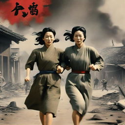 A Korean woman running hand-in-hand with a Japanese soldier through the center of a scene set during the Korean War