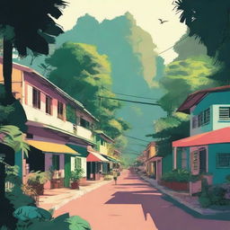 A lo-fi nostalgic scene depicting people in a small city nestled within a tropical forest in South America