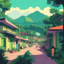 A lo-fi nostalgic scene depicting people in a small city nestled within a tropical forest in South America