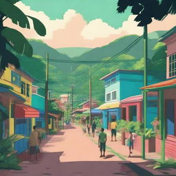 A lo-fi nostalgic scene depicting people in a small city nestled within a tropical forest in South America