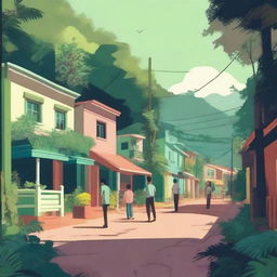 A lo-fi nostalgic scene depicting people in a small city nestled within a tropical forest in South America