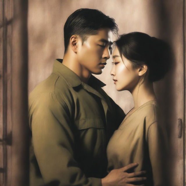 A romantic book cover featuring a Korean military man in love with a Korean prisoner