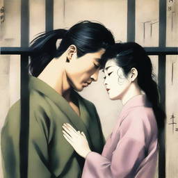 A romantic book cover featuring a Japanese military man in love with a Korean woman who is a prisoner