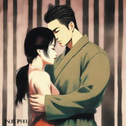 A romantic book cover featuring a Japanese military man in love with a Korean woman who is a prisoner