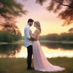 A romantic scene featuring a couple in a picturesque setting, surrounded by nature