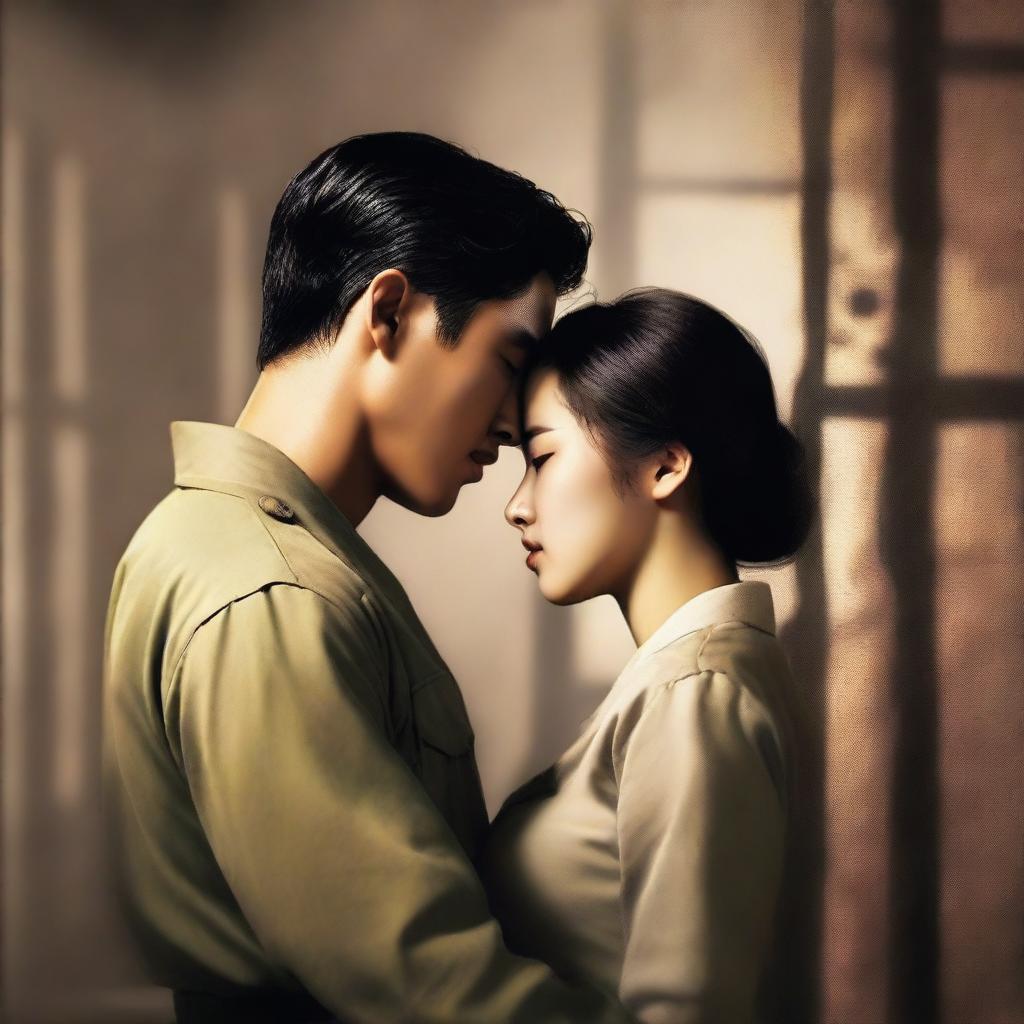 A romantic book cover featuring a Korean military man in love with a Korean woman prisoner