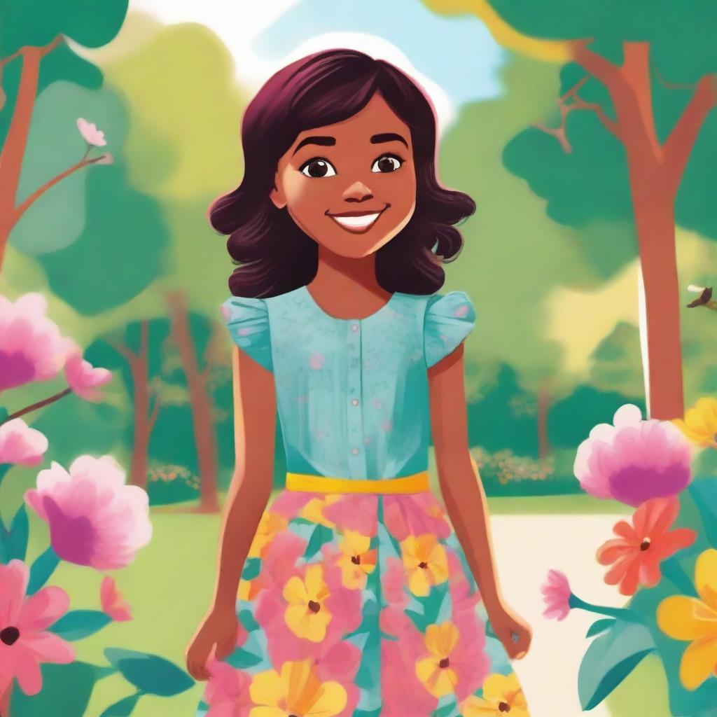 A detailed illustration of a young girl with a cheerful expression, wearing a colorful dress, standing in a vibrant outdoor setting with flowers and trees in the background