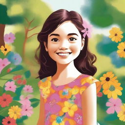 A detailed illustration of a young girl with a cheerful expression, wearing a colorful dress, standing in a vibrant outdoor setting with flowers and trees in the background