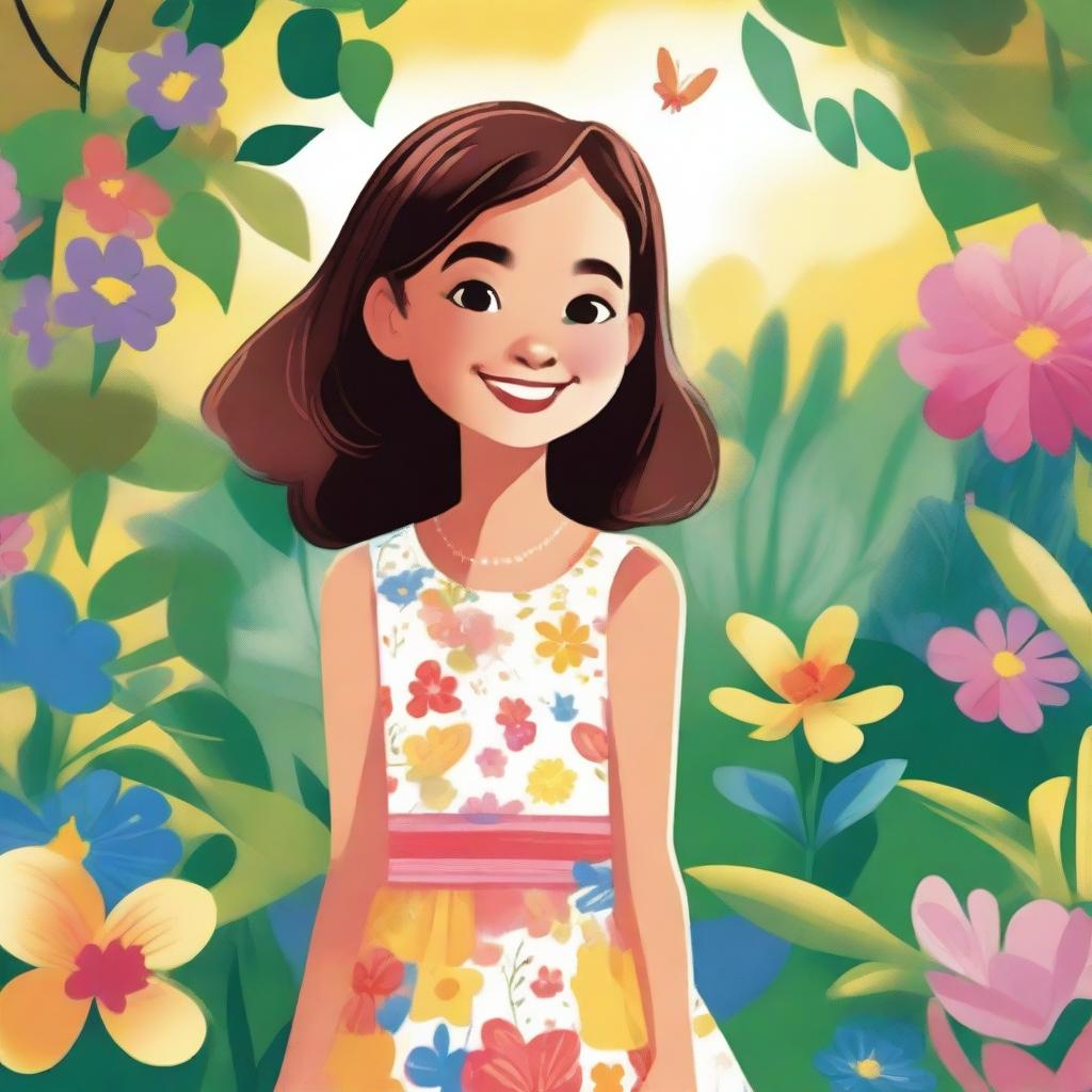 A detailed illustration of a young girl with a cheerful expression, wearing a colorful dress, standing in a vibrant outdoor setting with flowers and trees in the background