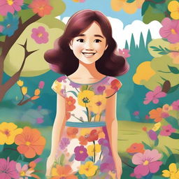 A detailed illustration of a young girl with a cheerful expression, wearing a colorful dress, standing in a vibrant outdoor setting with flowers and trees in the background