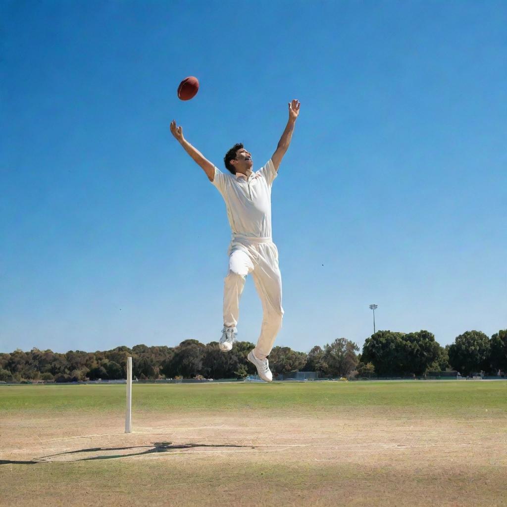 A dynamic scene of a cricket game, with a radiant cricketer in action, pitching the ball under a vivid blue sky.