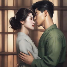 A romantic book cover featuring a young and handsome Korean military man in love with a Korean woman prisoner who has long, loose hair