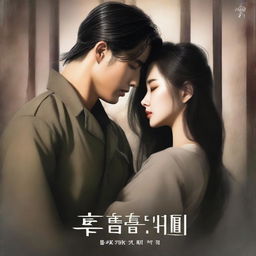 A romantic book cover featuring a young and handsome Korean military man in love with a Korean woman prisoner who has long, loose hair