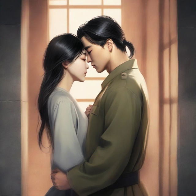 A romantic book cover featuring a young and handsome Korean military man in love with a Korean woman prisoner who has long, loose hair