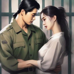 A romantic book cover featuring a young and handsome Korean military man in love with a Korean woman prisoner who has long, loose hair