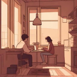 A cozy lo-fi scene featuring a person sitting by a window with a cup of coffee, ambient lighting, and a record player in the background