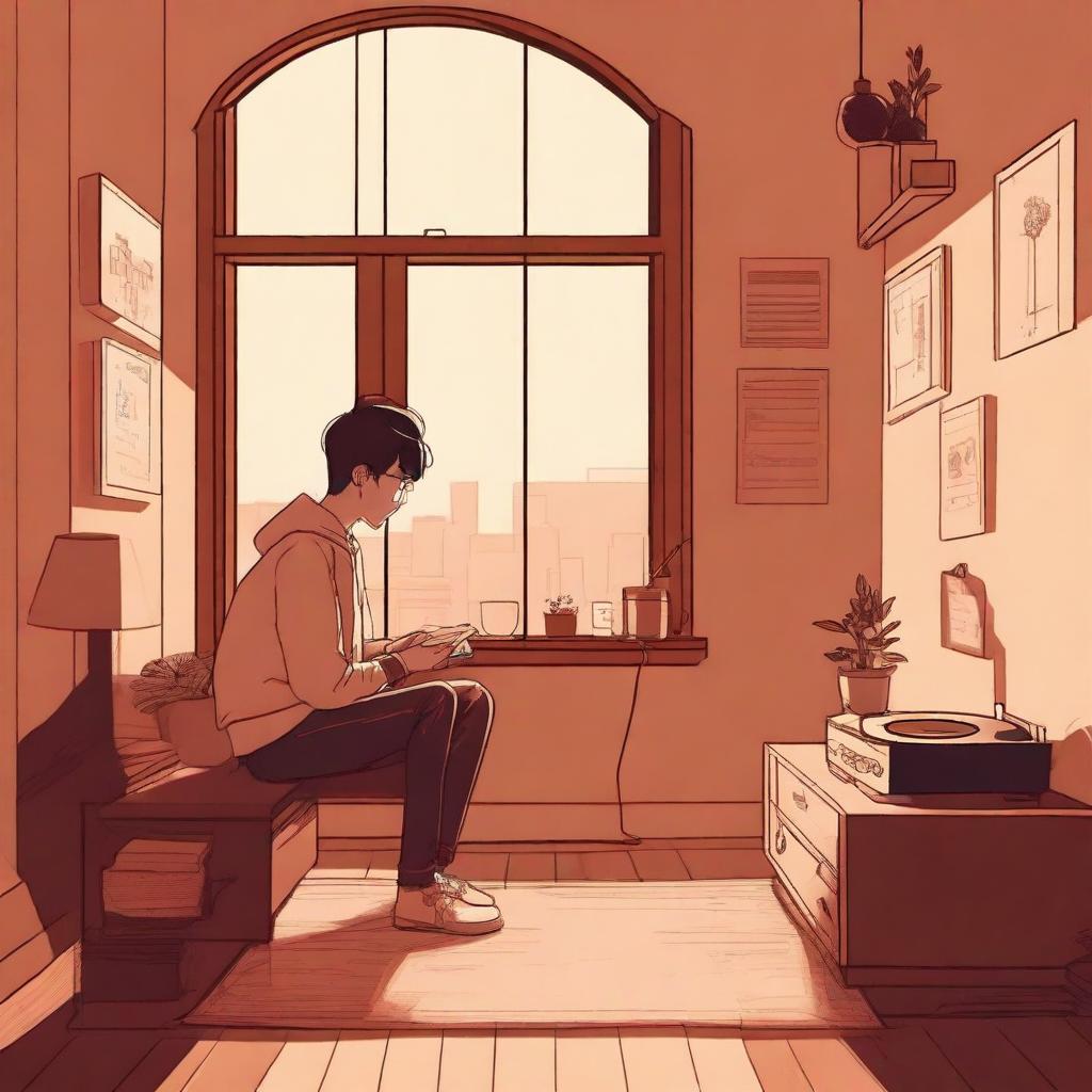 A cozy lo-fi scene featuring a person sitting by a window with a cup of coffee, ambient lighting, and a record player in the background