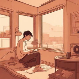 A cozy lo-fi scene featuring a person sitting by a window with a cup of coffee, ambient lighting, and a record player in the background