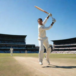 A dynamic scene of a cricket game, with a radiant cricketer in action, pitching the ball under a vivid blue sky.