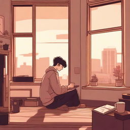 A cozy lo-fi scene featuring a person sitting by a window with a cup of coffee, ambient lighting, and a record player in the background