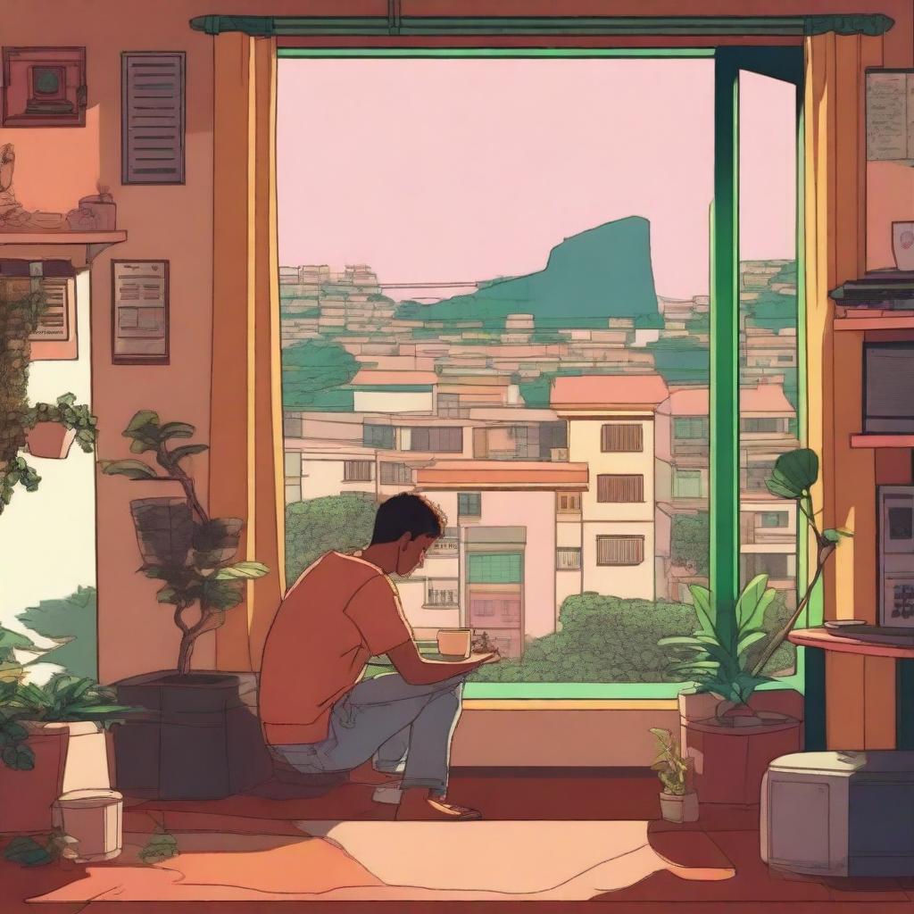 A cozy lo-fi scene set in a Brazilian city, featuring a person sitting by a window with a cup of coffee