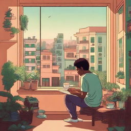 A cozy lo-fi scene set in a Brazilian city, featuring a person sitting by a window with a cup of coffee