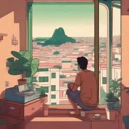 A cozy lo-fi scene set in a Brazilian city, featuring a person sitting by a window with a cup of coffee