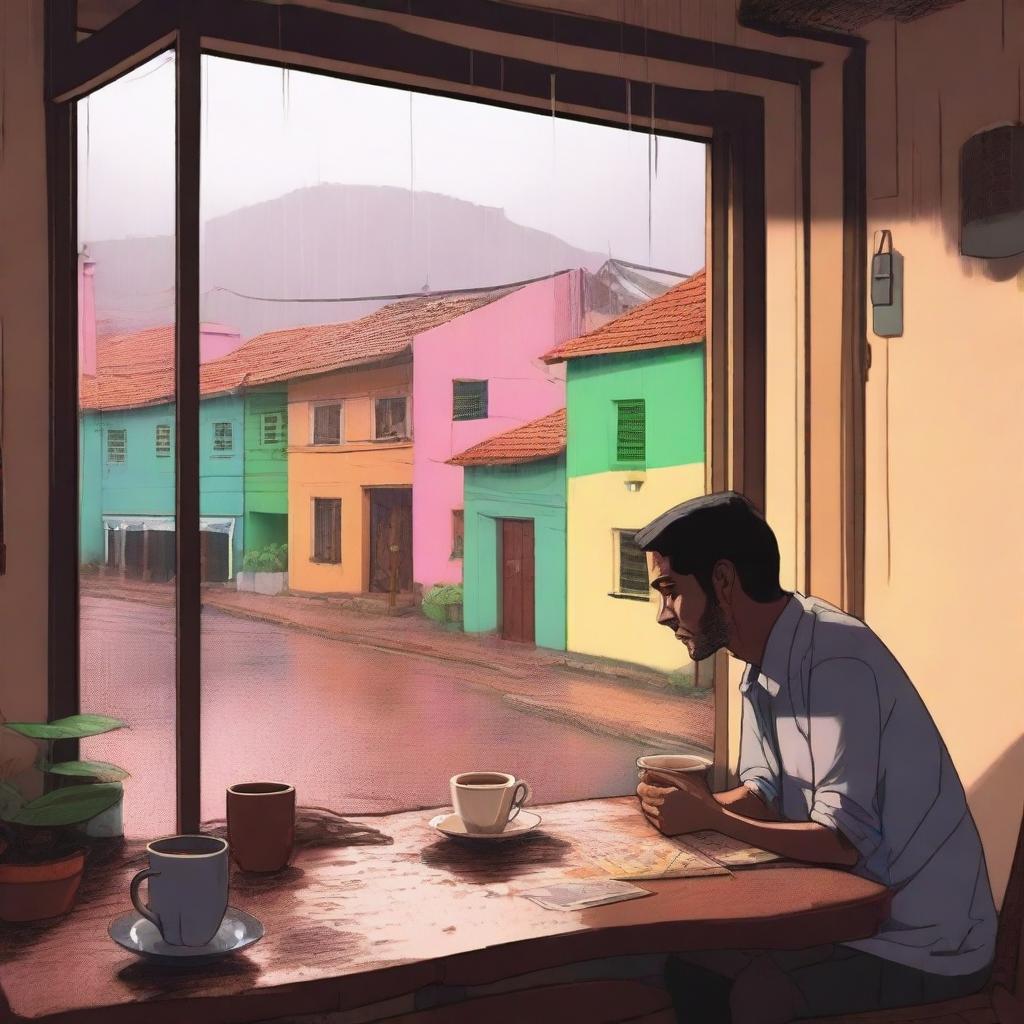 A cozy lo-fi scene set in a Brazilian village on a rainy day