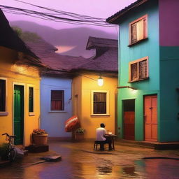 A cozy lo-fi scene set in a Brazilian village on a rainy day