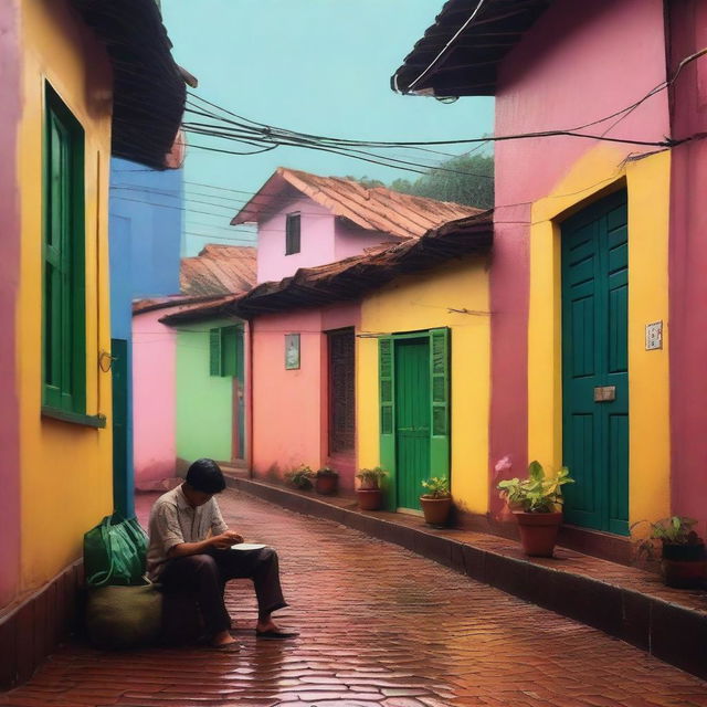 A cozy lo-fi scene set in a Brazilian village on a rainy day