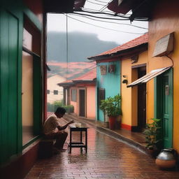 A cozy lo-fi scene set in a Brazilian village on a rainy day