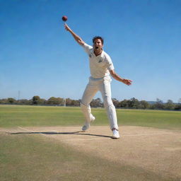 A dynamic scene of a cricket game, with a radiant cricketer in action, pitching the ball under a vivid blue sky.