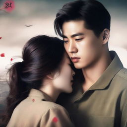 A romantic book cover featuring a young, handsome Korean soldier falling in love with a Korean woman prisoner