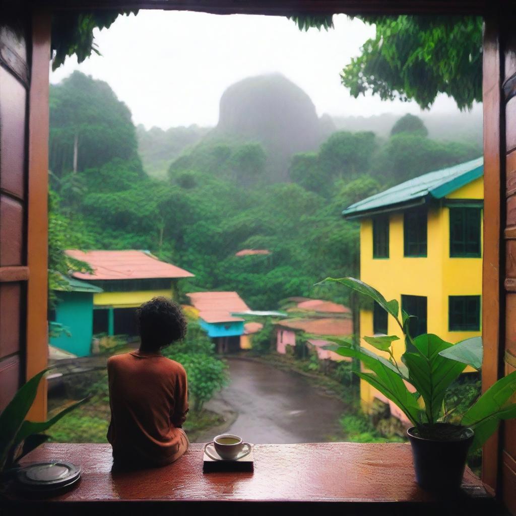 A cozy lo-fi scene set in a Brazilian village on a rainy day, surrounded by a tropical forest