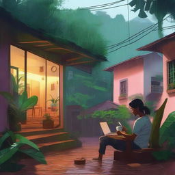 A cozy lo-fi scene set in a Brazilian village on a rainy day, surrounded by a tropical forest