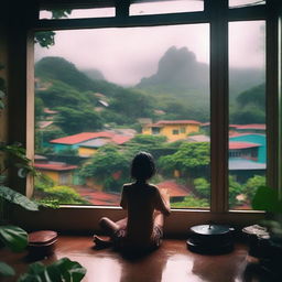 A cozy lo-fi scene set in a Brazilian village on a rainy day, surrounded by a tropical forest