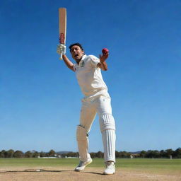 A dynamic scene of a cricket game, with a radiant cricketer in action, pitching the ball under a vivid blue sky.