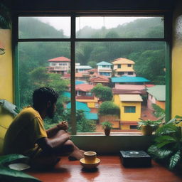 A cozy lo-fi scene set in a Brazilian village on a rainy day, surrounded by a tropical forest