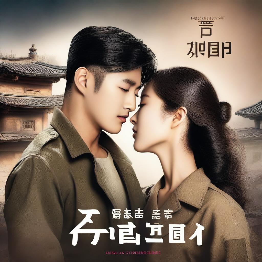 A romantic book cover featuring a young, handsome Korean soldier falling in love with a stunningly beautiful Korean woman prisoner