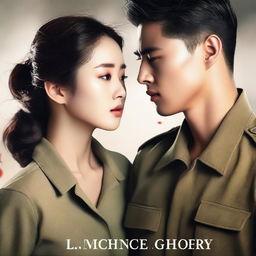 A romantic book cover featuring a young, handsome Korean soldier falling in love with a stunningly beautiful Korean woman prisoner