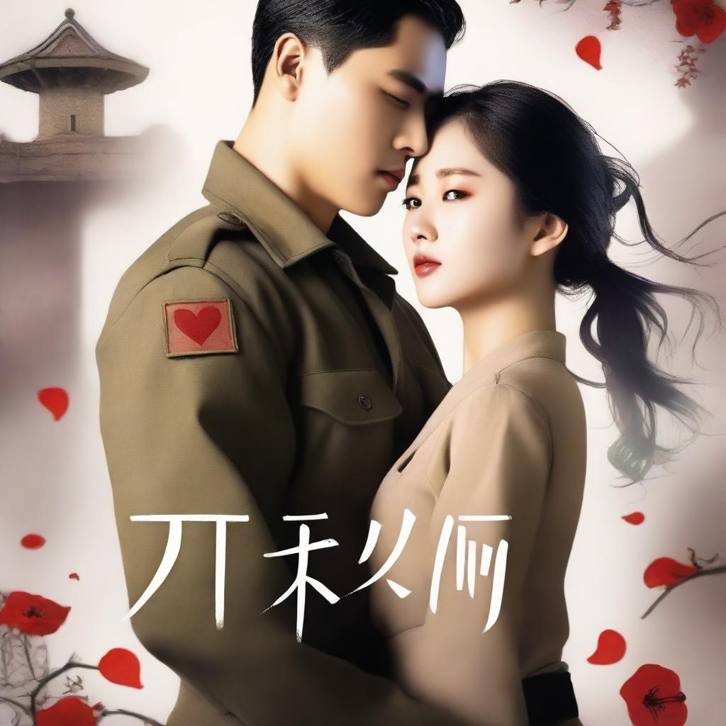 A romantic book cover featuring a young, handsome Korean soldier falling in love with a stunningly beautiful Korean woman prisoner