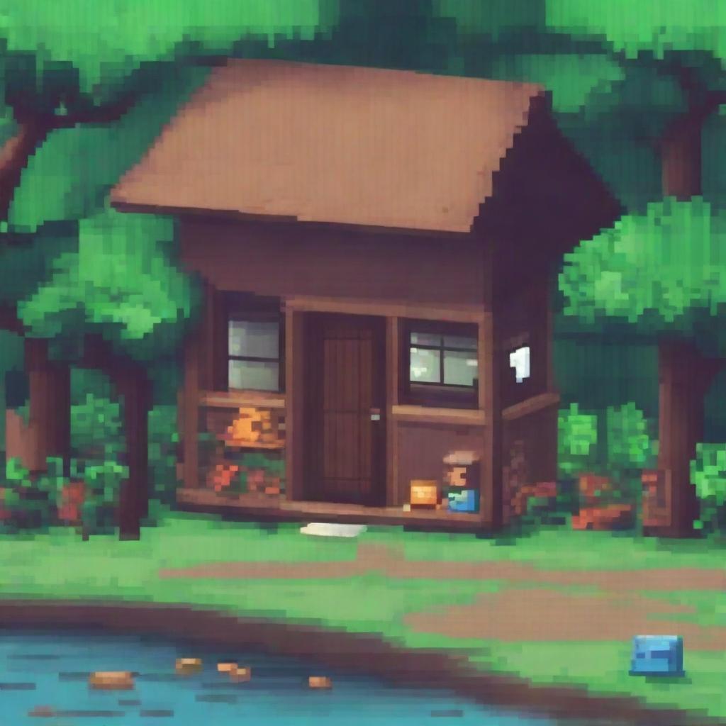 A cozy lo-fi pixel art scene set in a Brazilian village on a rainy day, surrounded by a tropical forest