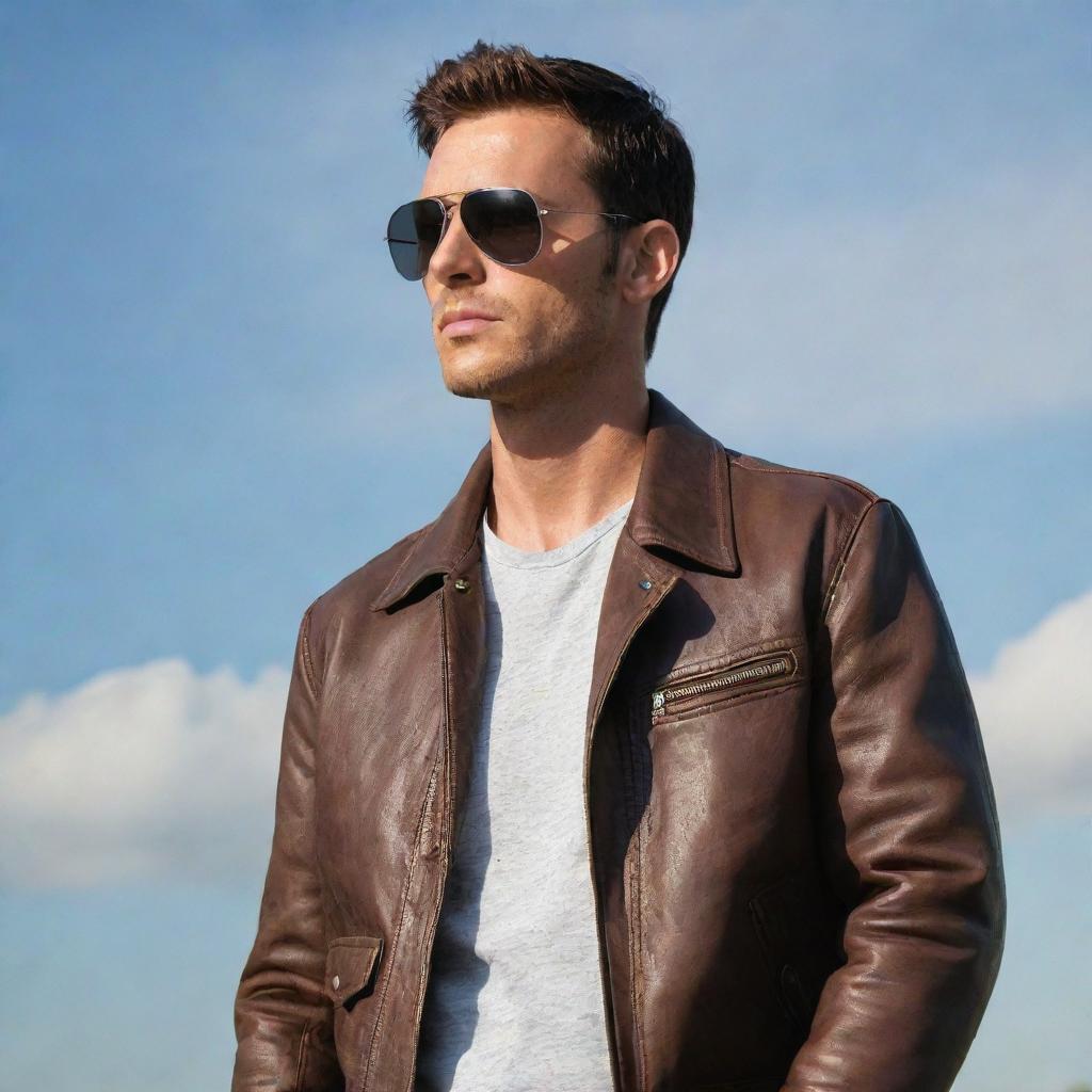 A confident man sporting a stylish aviator leather jacket, looking off into the distance