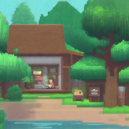 A cozy lo-fi pixel art scene set in a Brazilian village on a rainy day, surrounded by a tropical forest