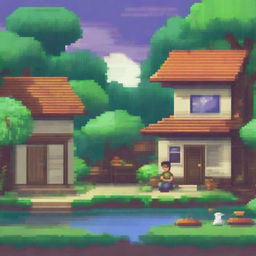 A cozy lo-fi pixel art scene set in a Brazilian village on a rainy day, surrounded by a tropical forest