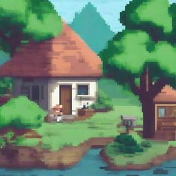 A cozy lo-fi pixel art scene set in a Brazilian village on a rainy day, surrounded by a tropical forest