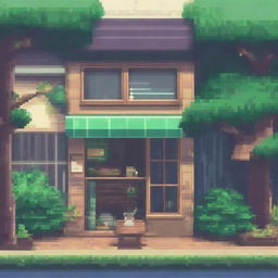 A cozy lo-fi pixel art scene set in a Brazilian city on a rainy day, surrounded by a tropical forest