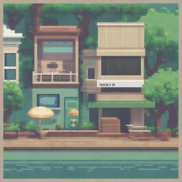 A cozy lo-fi pixel art scene set in a Brazilian city on a rainy day, surrounded by a tropical forest