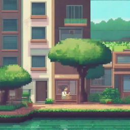 A cozy lo-fi pixel art scene set in a Brazilian city on a rainy day, surrounded by a tropical forest