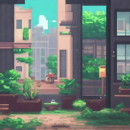 A cozy lo-fi pixel art scene set in a Brazilian city on a rainy day, surrounded by a tropical forest